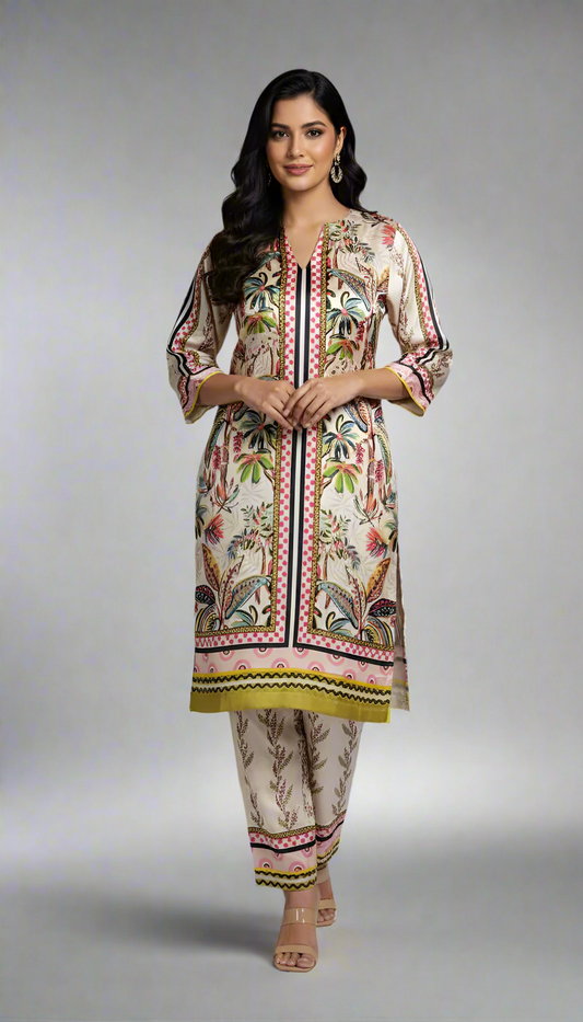 Lawn 2-piece printed - Pakistani women's casual summer outfit with cotton trouser and lawn dupatta front view
