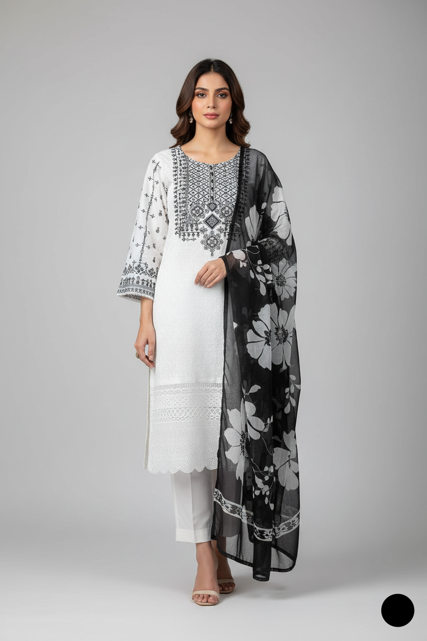 Lawn A-Line shirt white - Pakistani women's casual summer outfit with cotton trouser and lawn dupatta front view