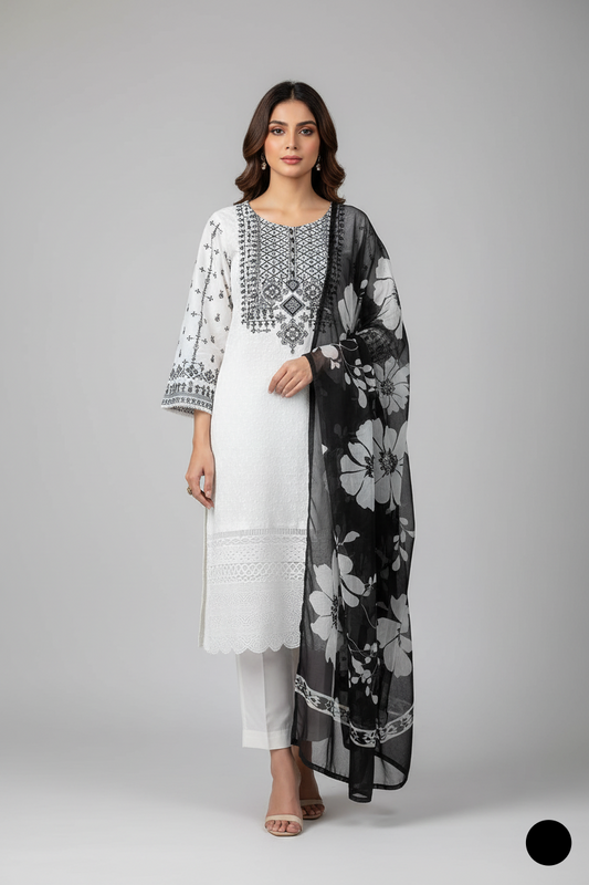 Lawn A-Line shirt white - Pakistani women's casual summer outfit with cotton trouser and lawn dupatta front view