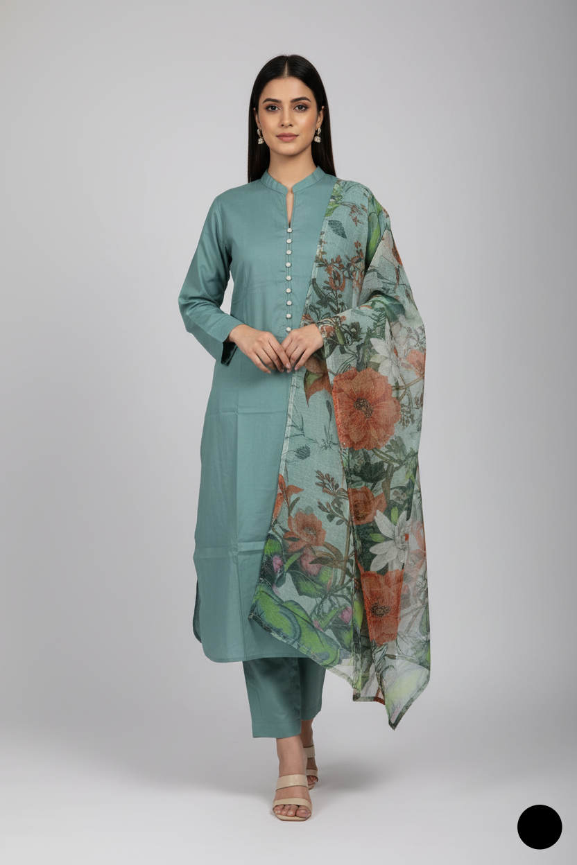 Lawn A-Line shirt light green - Pakistani women's casual summer outfit with cotton trouser and lawn dupatta front view