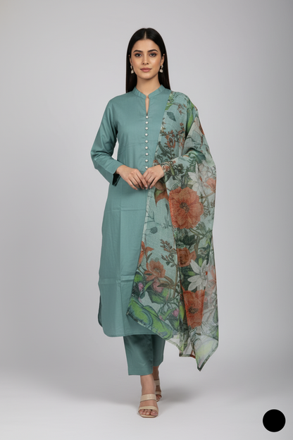 Lawn A-Line shirt light green - Pakistani women's casual summer outfit with cotton trouser and lawn dupatta front view