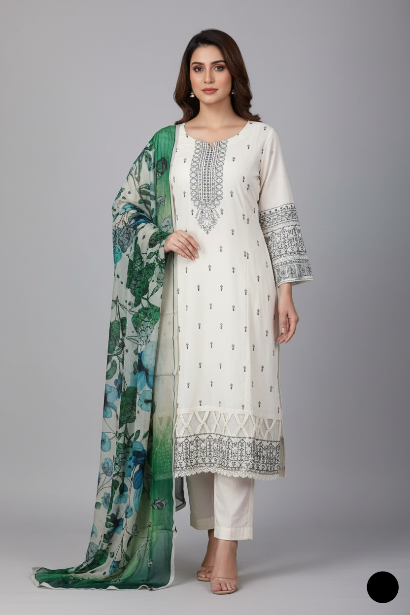 Lawn A-Line shirt off white - Pakistani women's casual summer outfit with cotton trouser and lawn dupatta front view