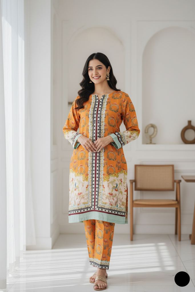 Silk straight shirt TN2 1 PRINT - Pakistani women's formal party wear with 2PC dupatta front view