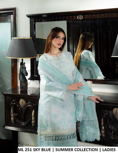 ML 251 SKY BLUE - Sky Blue Cotton Chiffon 3-Piece Women's Pakistani Suit