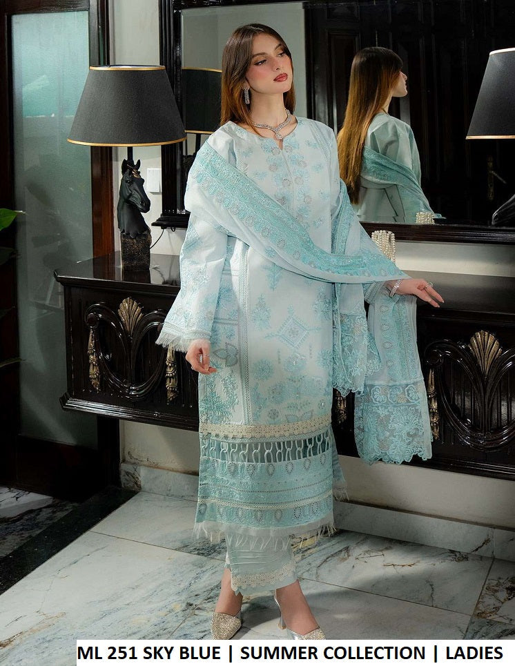 ML 251 SKY BLUE - Sky Blue Cotton Chiffon 3-Piece Women's Pakistani Suit
