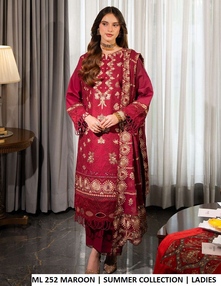 ML 252 MAROON - Maroon Cotton Straight 3-Piece Women's Pakistani Suit