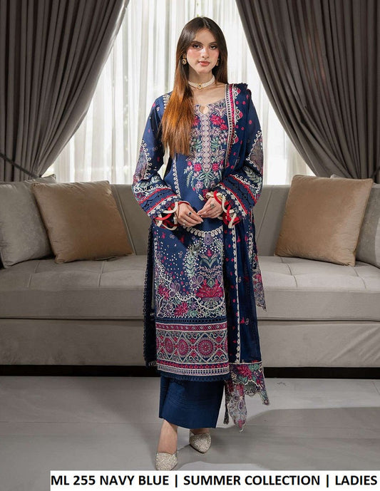 ML 255 NAVY BLUE - Navy Blue Cotton Straight 3-Piece Women's Pakistani Suit