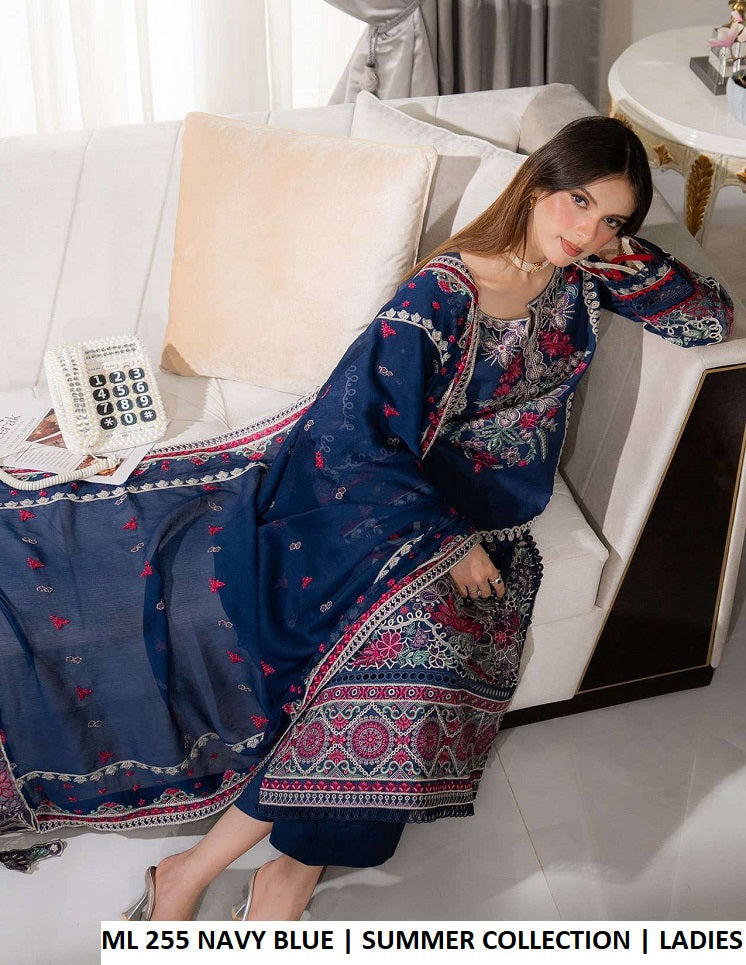 ML 255 NAVY BLUE - Navy Blue Cotton Straight 3-Piece Women's Pakistani Suit