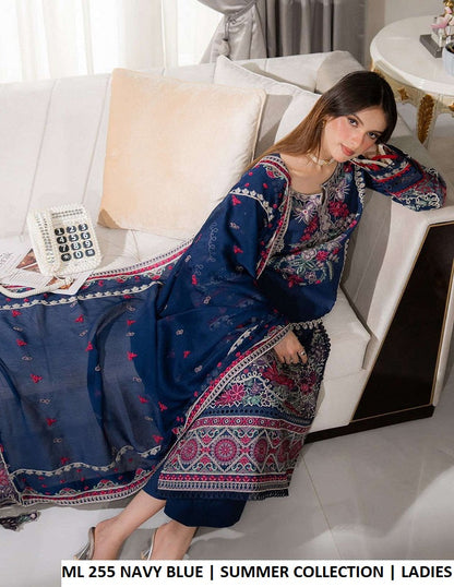ML 255 NAVY BLUE - Navy Blue Cotton Straight 3-Piece Women's Pakistani Suit
