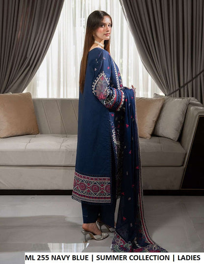 ML 255 NAVY BLUE - Navy Blue Cotton Straight 3-Piece Women's Pakistani Suit