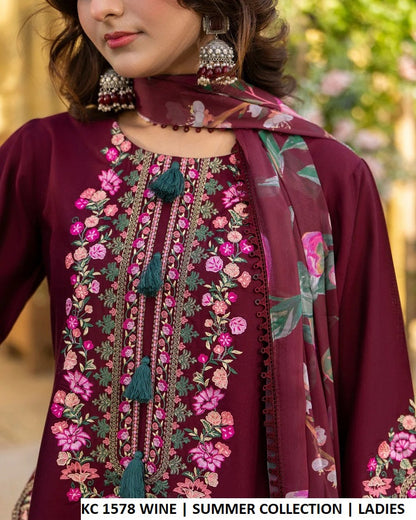 KC Sunehri 1578 Burgundy Wine - Burgundy Chiffon Embroidered 3-Piece Women's Pakistani Suit