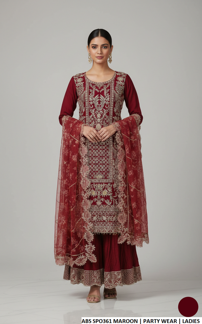 Chiffon straight shirt crush plazo maroon - Pakistani women's party wear with viscose crush plazo and organza dupatta front view
