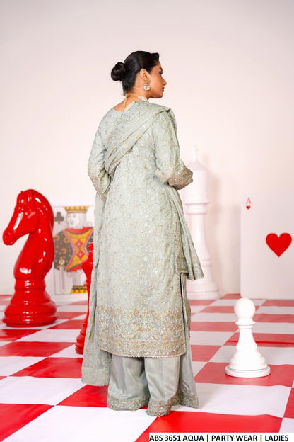 Pakistani women's aqua blue chiffon straight shirt plazo detail view