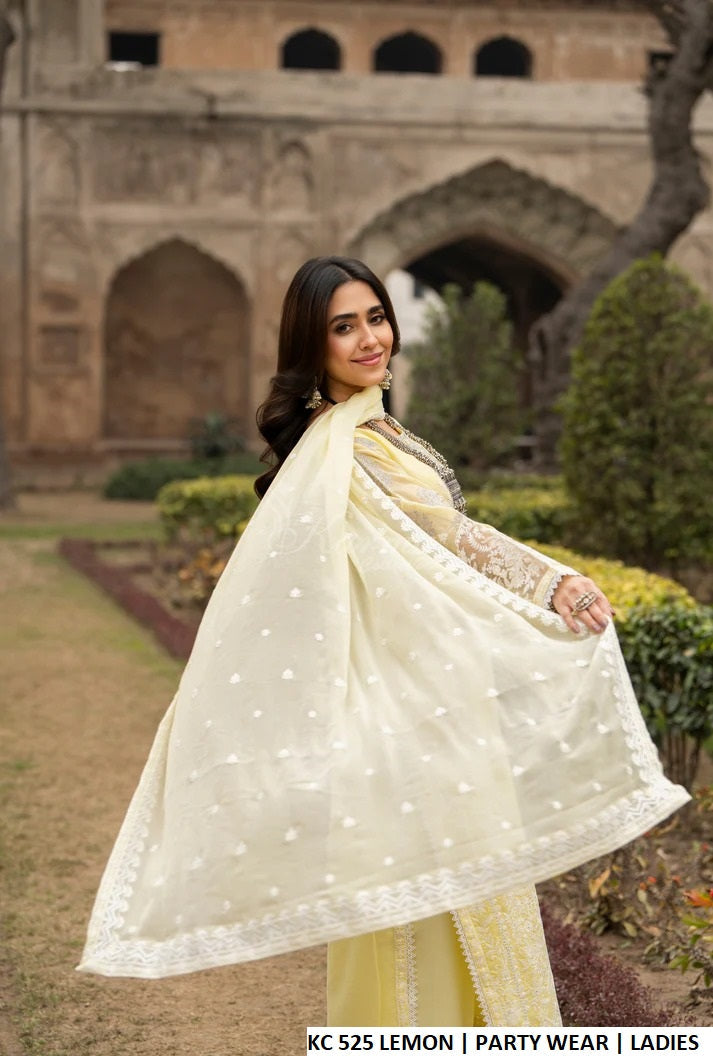 Pakistani women's lemon yellow georgette embroidered straight shirt plazo detail view