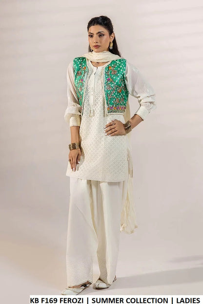 Ferozi swiss lawn Pakistani women's shadow work shirt with silk jacket side view