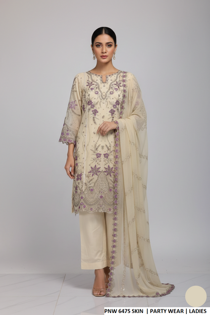 Chiffon straight shirt plazo skin - Pakistani women's formal party wear with viscose plazo and chiffon dupatta front view