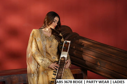 Pakistani women's beige soft net straight shirt plazo back view