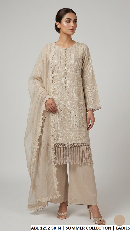 Cotton A-Line shirt plazo skin - Pakistani women's casual outfit with chiffon dupatta front view