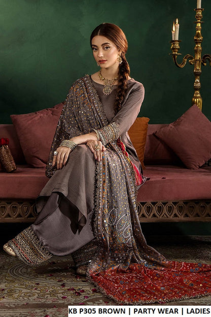 Pakistani women's brown gloss silk straight shirt farshi shalwar back view