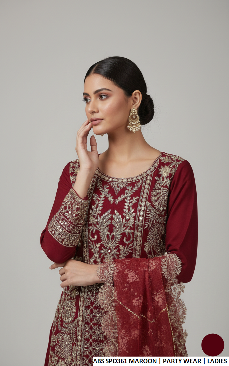 Maroon chiffon Pakistani women's straight shirt with crush plazo side view