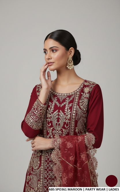 Maroon chiffon Pakistani women's straight shirt with crush plazo side view