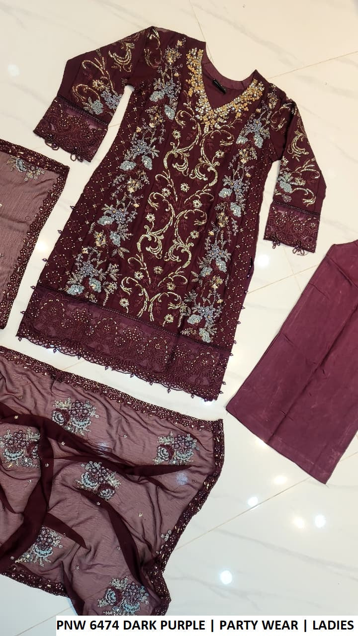 Pakistani women's dark purple chiffon straight shirt plazo outfit back view