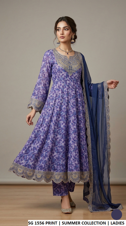 Lawn frock printed - Pakistani women's casual summer outfit with lawn trouser and chiffon dupatta front view