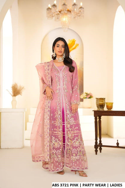 Pakistani women's baby pink organza open long frock back view