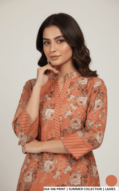 Lawn straight printed shirt - Pakistani women's casual summer outfit with cotton trouser and 2-piece dupatta front view