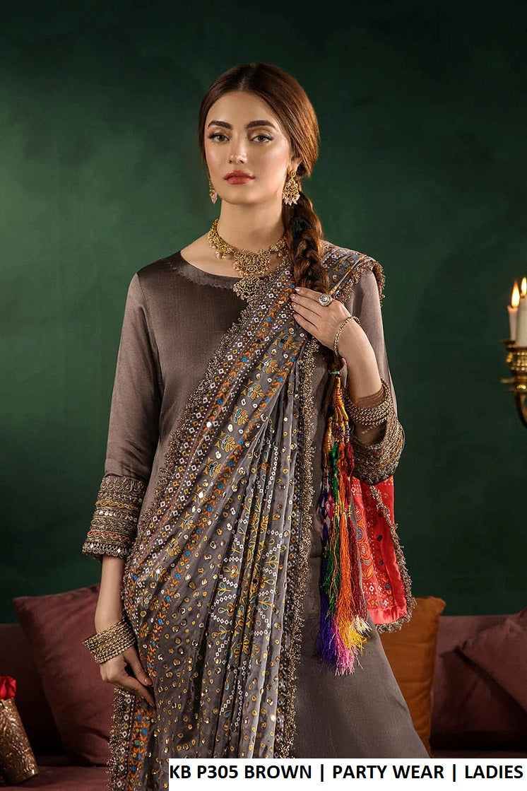 Brown gloss silk Pakistani women's straight shirt with farshi shalwar side view
