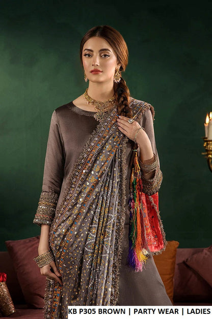 Brown gloss silk Pakistani women's straight shirt with farshi shalwar side view