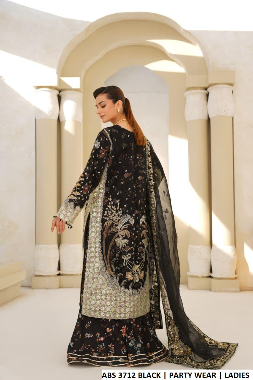 Pakistani women's black organza straight open shirt plazo back view