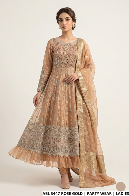 Soft net long frock rose gold - Pakistani women's luxury bridal formal wear with viscose trouser and organza dupatta front view