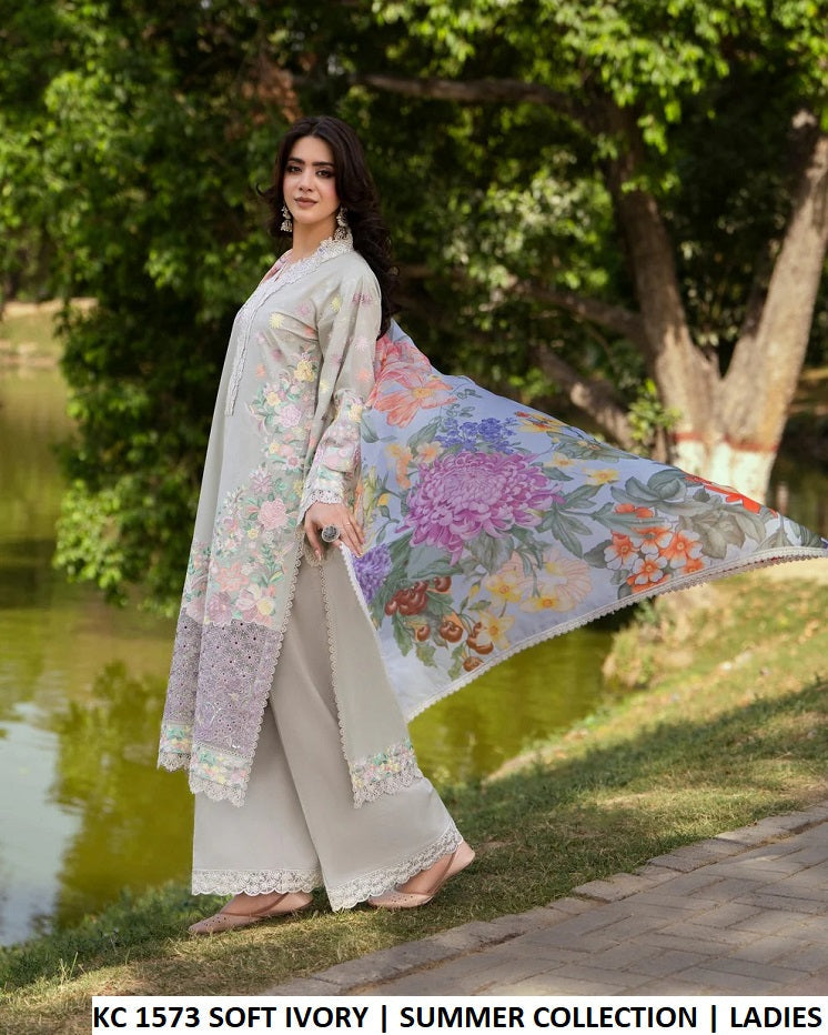 KC Sunehri 1573 Soft Ivory - Soft Ivory Embroidered 3-Piece Women's Pakistani Lawn Suit