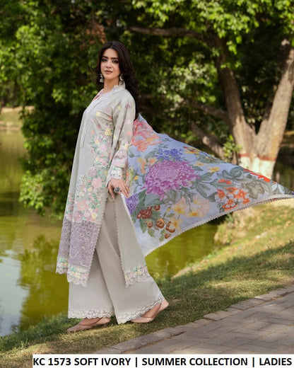 KC Sunehri 1573 Soft Ivory - Soft Ivory Embroidered 3-Piece Women's Pakistani Lawn Suit