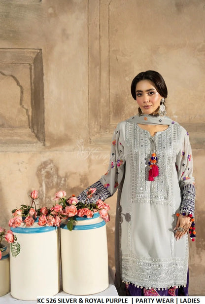 Silver georgette Pakistani women's embroidered short shirt with farshi shalwar side view