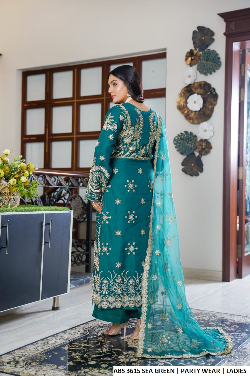 Pakistani women's sea green organza straight open shirt detail view