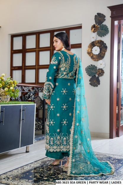Pakistani women's sea green organza straight open shirt detail view