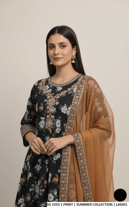 Pakistani women's lawn long frock printed outfit side view