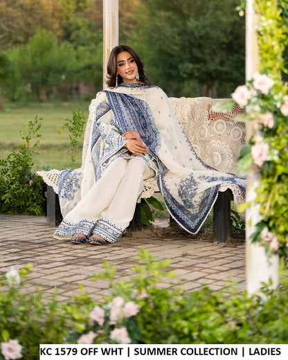 KC Sunehri 1579 Off White - Off White Embroidered Chiffon 3-Piece Women's Pakistani Suit