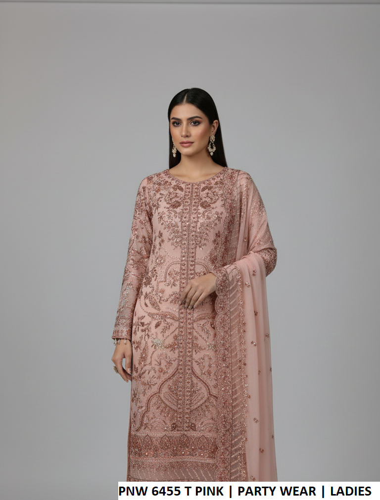 Chiffon straight shirt tea pink - Pakistani women's elegant party wear with grip trouser and chiffon dupatta front view