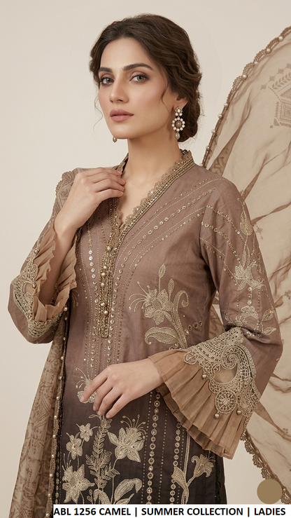 Camel brown poly lawn Pakistani women's A-Line shirt side view