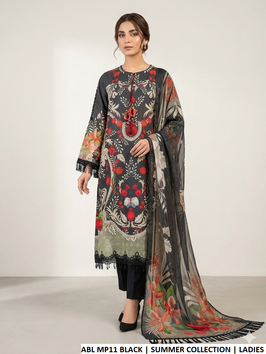 Poly lawn A-Line shirt black - Pakistani women's casual summer outfit with digital print dupatta front view