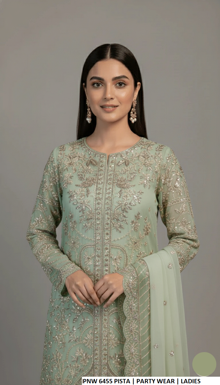 Chiffon straight shirt pista green - Pakistani women's party wear with grip trouser and chiffon dupatta front view