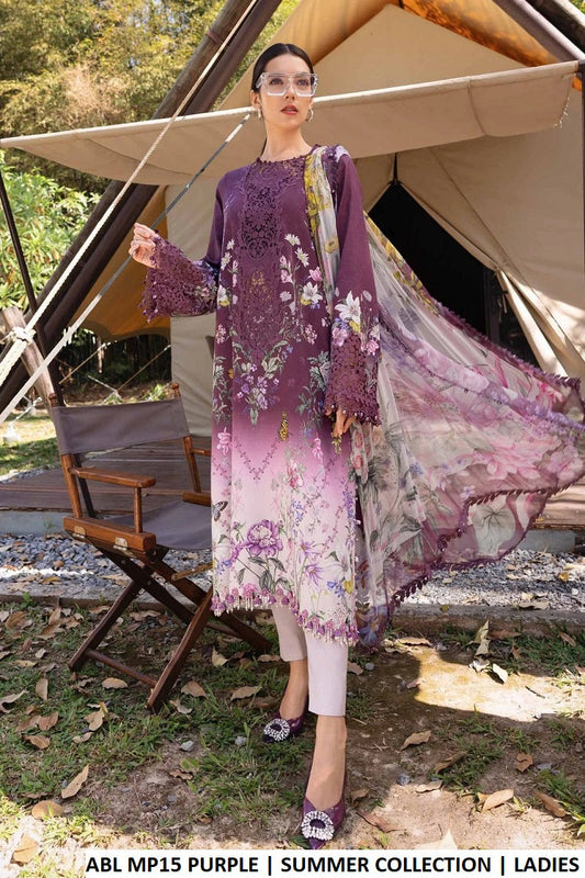 Poly lawn A-Line shirt purple - Pakistani women's casual summer outfit with digital print silk dupatta front view