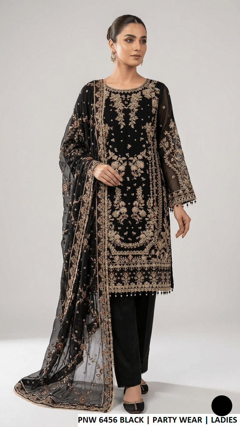 Chiffon straight shirt PNW 6456 BLACK - Pakistani women's elegant outfit with viscose trouser and chiffon dupatta front view