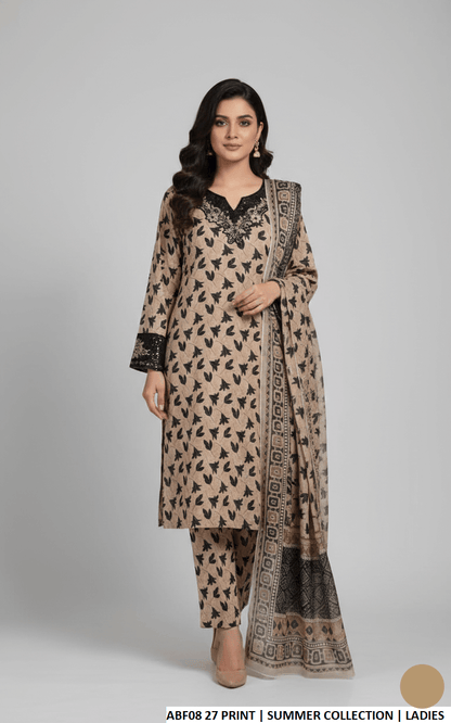 Lawn straight printed shirt - Pakistani women's casual summer outfit with lawn trouser and chiffon dupatta front view