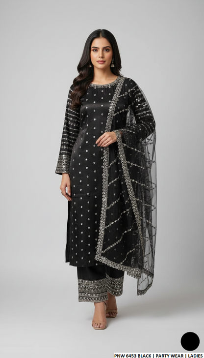 Chiffon straight shirt plazo - Pakistani women's party wear with viscose plazo and organza dupatta front view