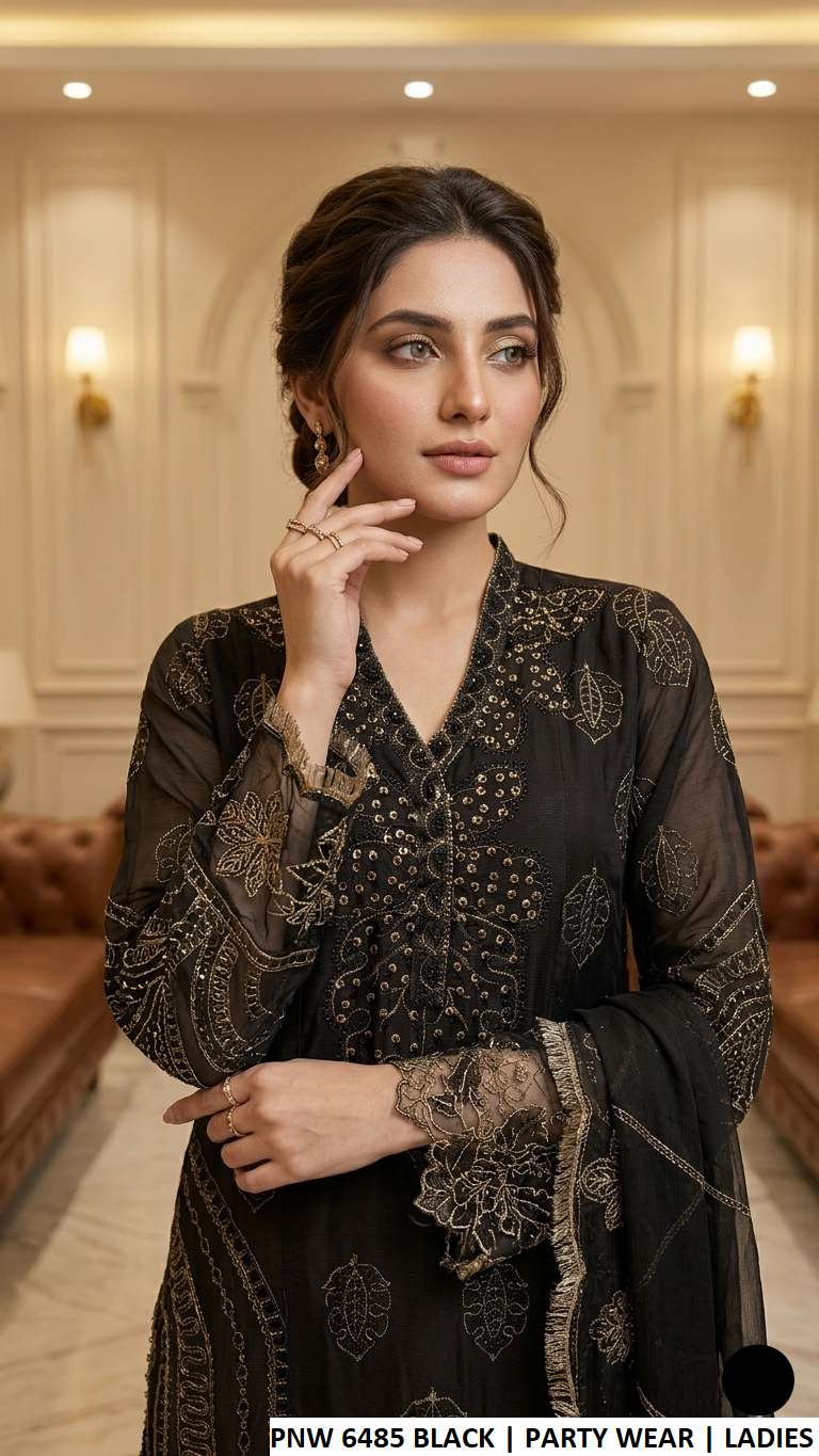 PNW 6485 BLACK - Black Chiffon Straight 3-Piece Women's Pakistani Suit