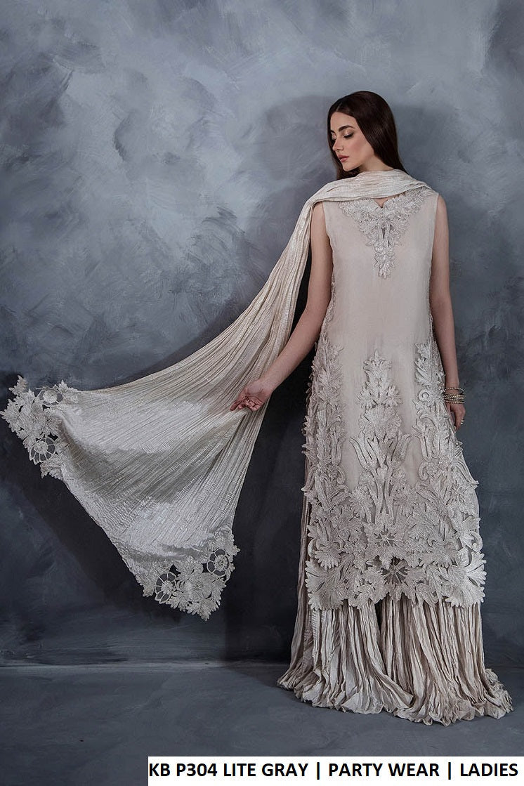 Pakistani women's light grey organza straight shirt sharara detail view